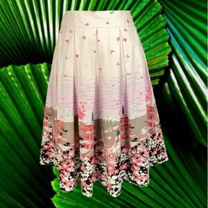 Vintage Retro Style Pink Multicolor Japanese Landscape Print A-Line Skirt Size L